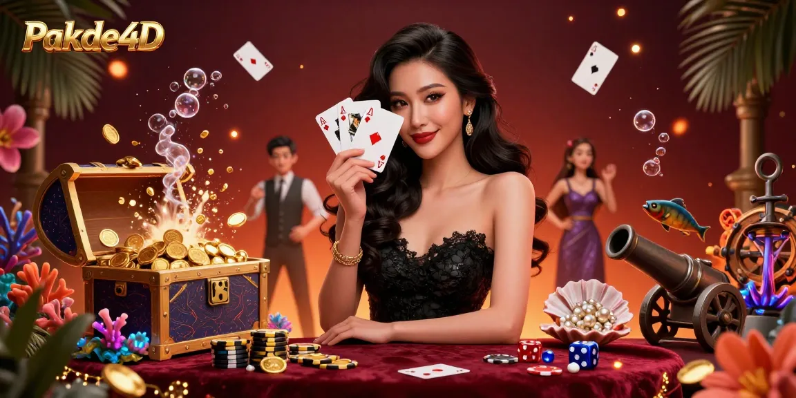 Engage with Pakde4D in a vibrant casino scene featuring an elegant Asian woman holding playing cards, capturing the excitement of online gambling.