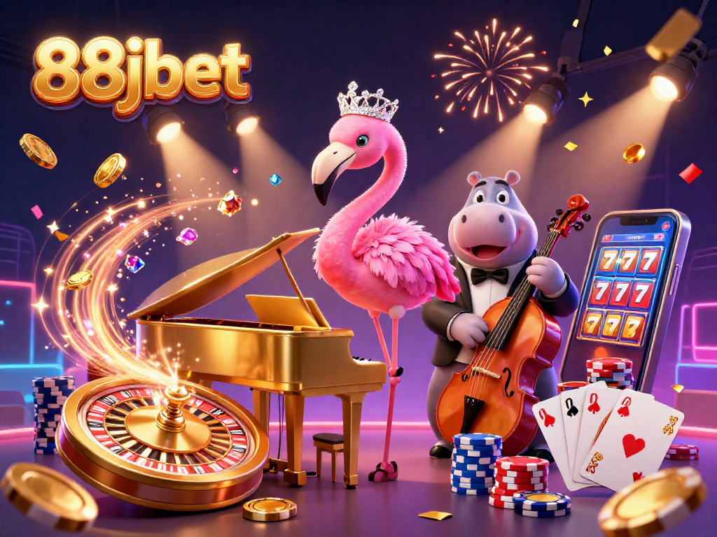 Engage with 88jbet's vibrant casino scene featuring a flamingo singer, hippo bassist, and dynamic game elements.