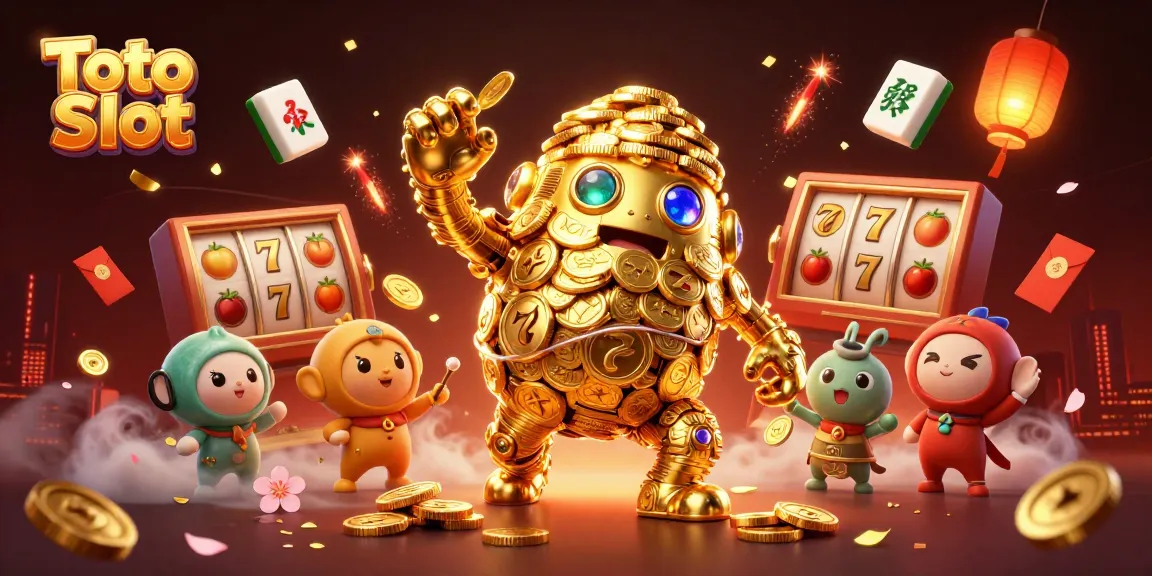 Engage in Toto Slot gameplay with a vibrant, dynamic scene featuring golden golems and casino elements.