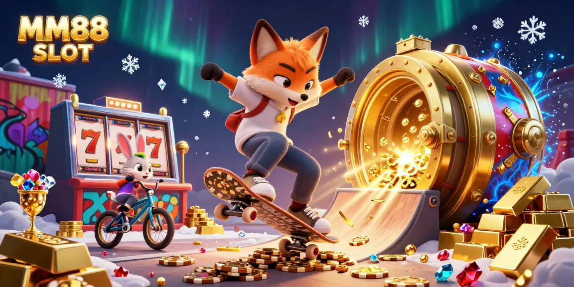 Engage with MM88 SLOT as a fox skater dominates golden poker chips and vibrant casino-themed graphics.