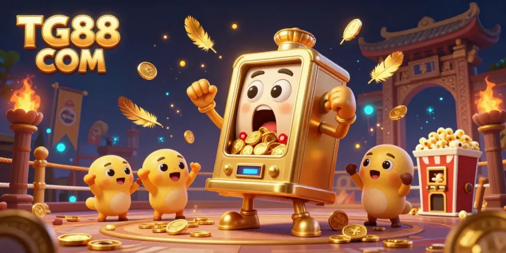 Experience exciting jackpots with TG88 COM featuring a golden slot machine celebrating wins surrounded by festive elements.