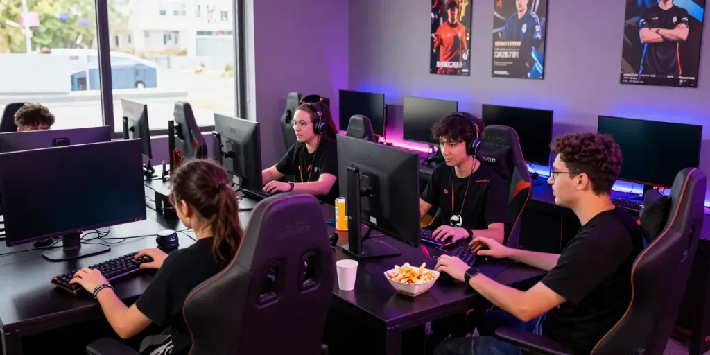 Friends enjoying multiplayer gaming at juraganbola esports arena.