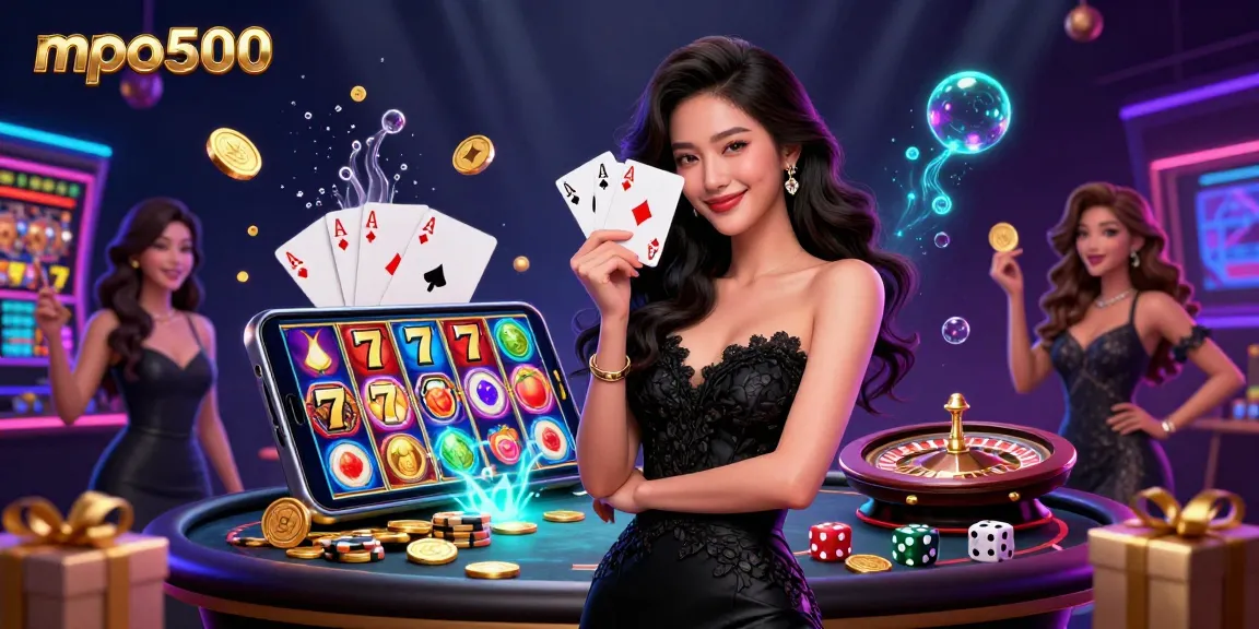 Experience mpo500's vibrant slot gaming scene with an elegant character and dynamic elements.