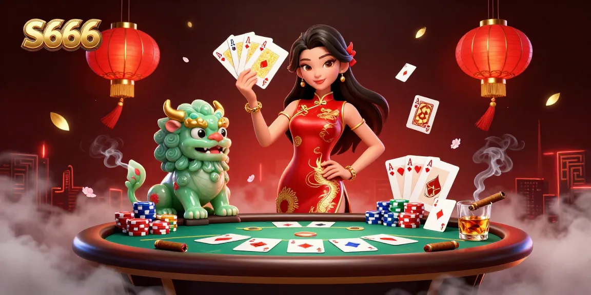 S666 captivates with an elegant casino scene featuring a lady in qipao and a jade lion surrounded by poker elements.