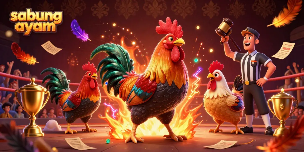 Experience the thrill of sabung ayam as roosters battle in a spirited cockfighting arena with vibrant energy and colorful details.