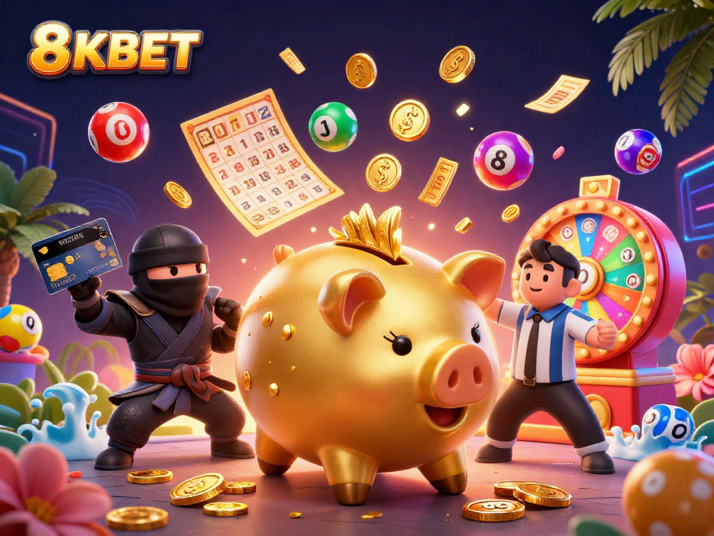 Experience thrilling gameplay at 8KBET with vibrant lottery and casino elements vividly illustrated