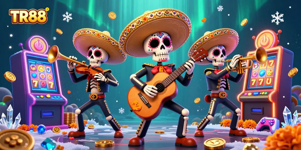 Experience the thrill of TR88 with a vibrant 3D mariachi band amidst colorful slot machines.