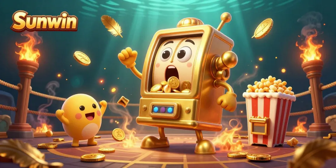 Sunwin players enjoy jackpots with a jubilant golden slot machine and coins cascading down.