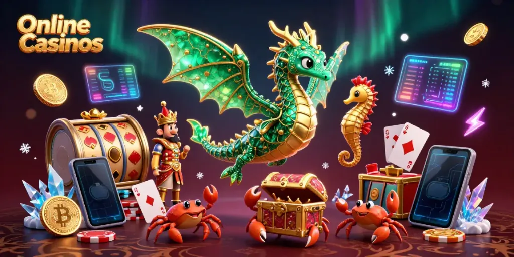 Play thrilling games at exciting Online Casinos with a majestic sea dragon and treasure chase scene.