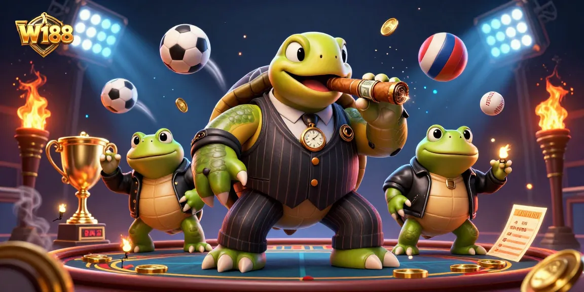 Win big with W188 in a vibrant casino atmosphere featuring unique characters and dynamic sports elements.