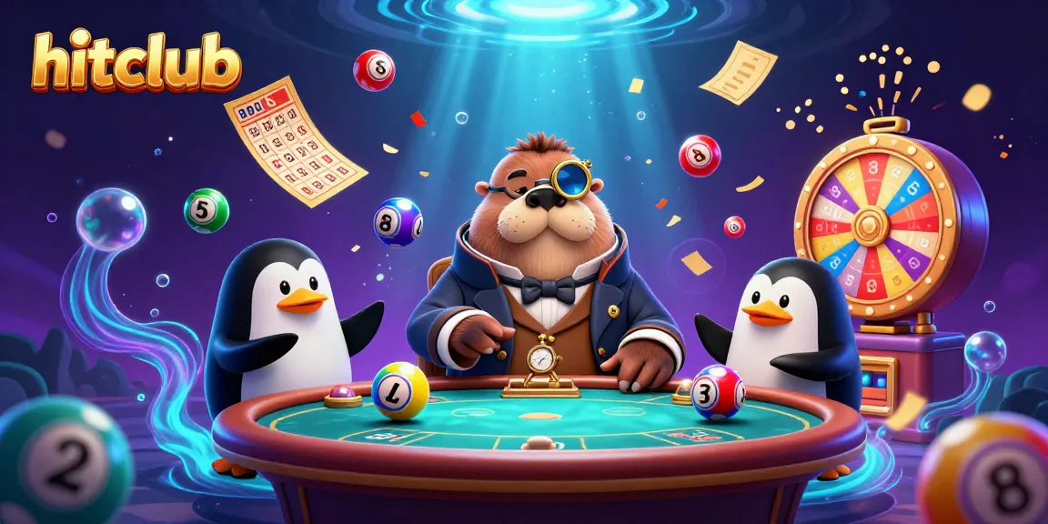 Hitclub showcases a 3D jolly walrus at a poker table with vibrant lottery elements in an underwater casino.