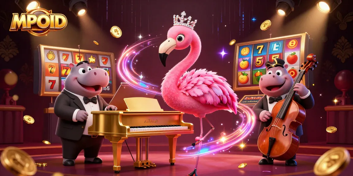 MPOID showcases a vibrant casino scene featuring a flamingo singer and hippo bassist, highlighting dynamic slot game elements.