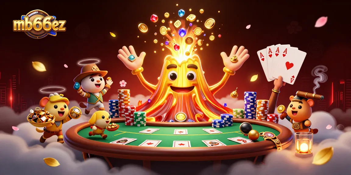 Spin the reels with excitement at mb66ez, featuring a vibrant 3D casino eruption.