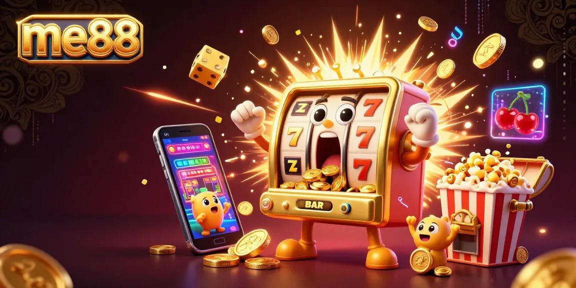 me88 slot machine winning jackpot, cartoon slots celebrating with coins pouring out in vibrant illustration.