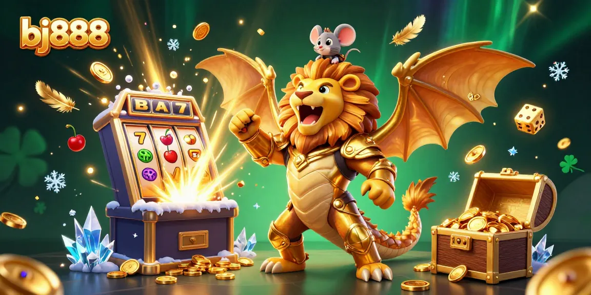 Experience thrilling bj888 jackpots with a lion-headed chimera and dynamic casino elements.