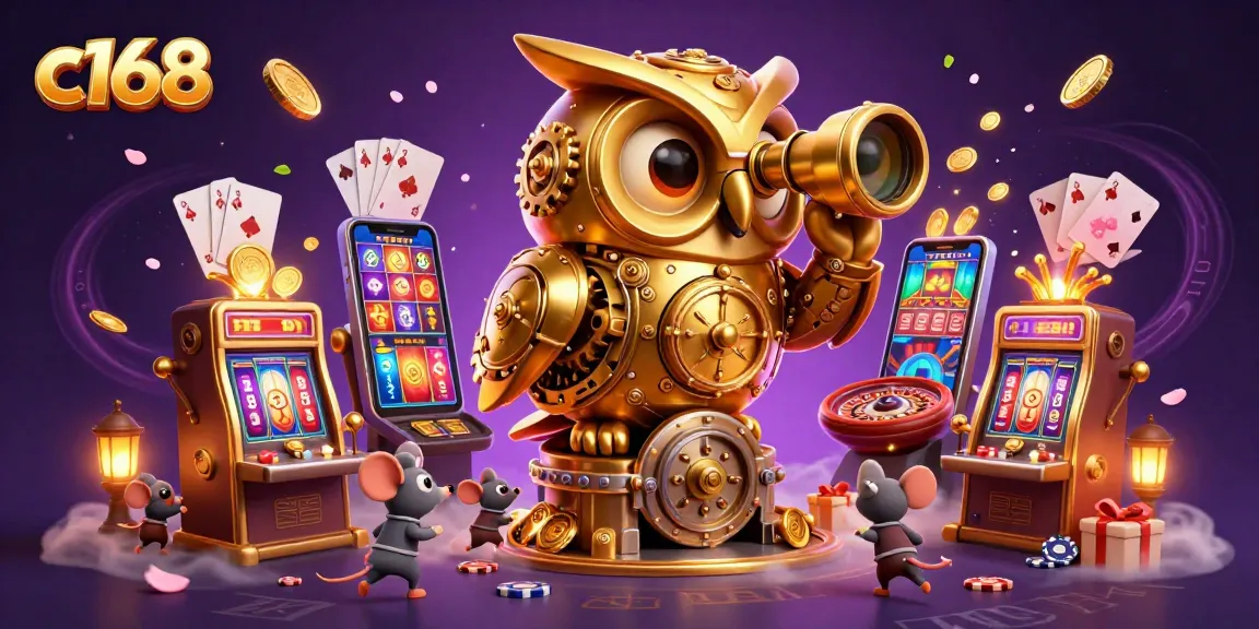 Engaging c168 casino scene with a golden owl surveying vibrant slot games and gold coins.