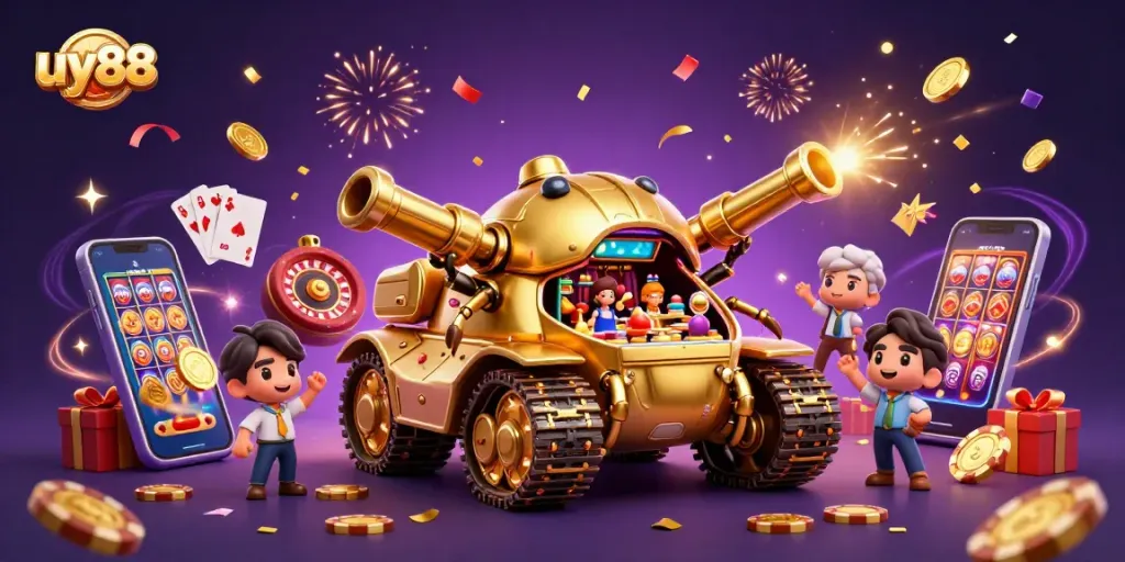 Play exciting games at uy88 in this vibrant casino-themed illustration packed with dynamic elements.
