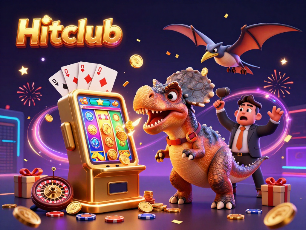 Hitclub slot machine pays out jackpot coins amidst dino chaos and gold confetti in vivid 3D.