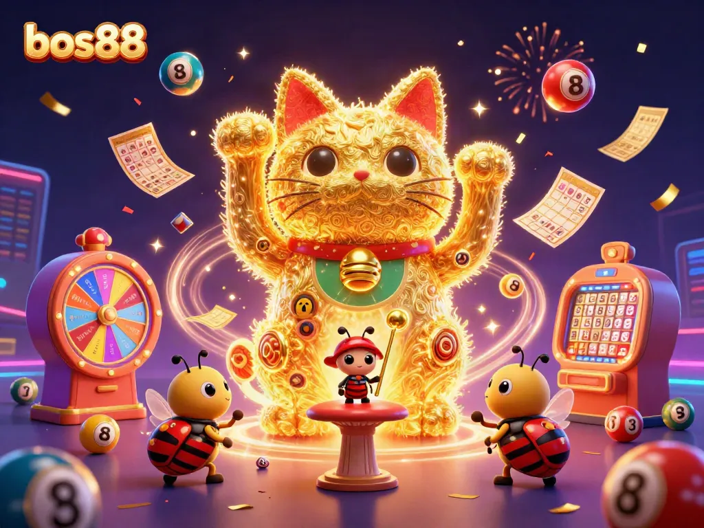 Experience the magic of bos88 with a lively 3D illustration of a lucky cat surrounded by vibrant casino elements.