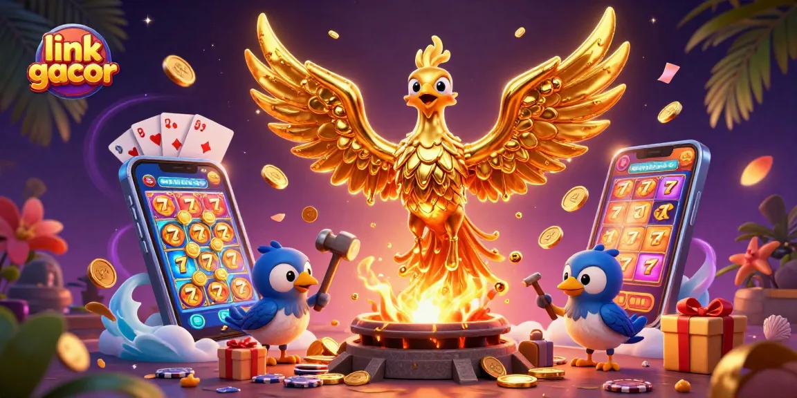 Experience thrilling wins with link gacor in a vivid casino scene filled with golden phoenix and slot game elements.