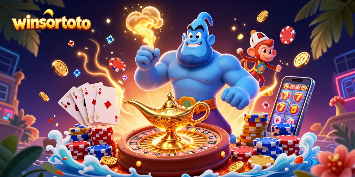 Mendapatkan kemenangan besar di winsortoto dengan genie ajaib, koin emas, dan kartu permainan.