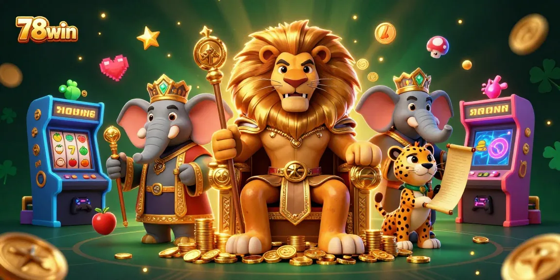 Engage with 78win visuals featuring a lion king, elephant advisor, and cheetah messenger amid vibrant casino elements.