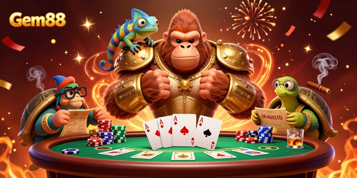 Experience the thrill of Gem88 with a colorful casino scene featuring vivid characters and vibrant poker elements.