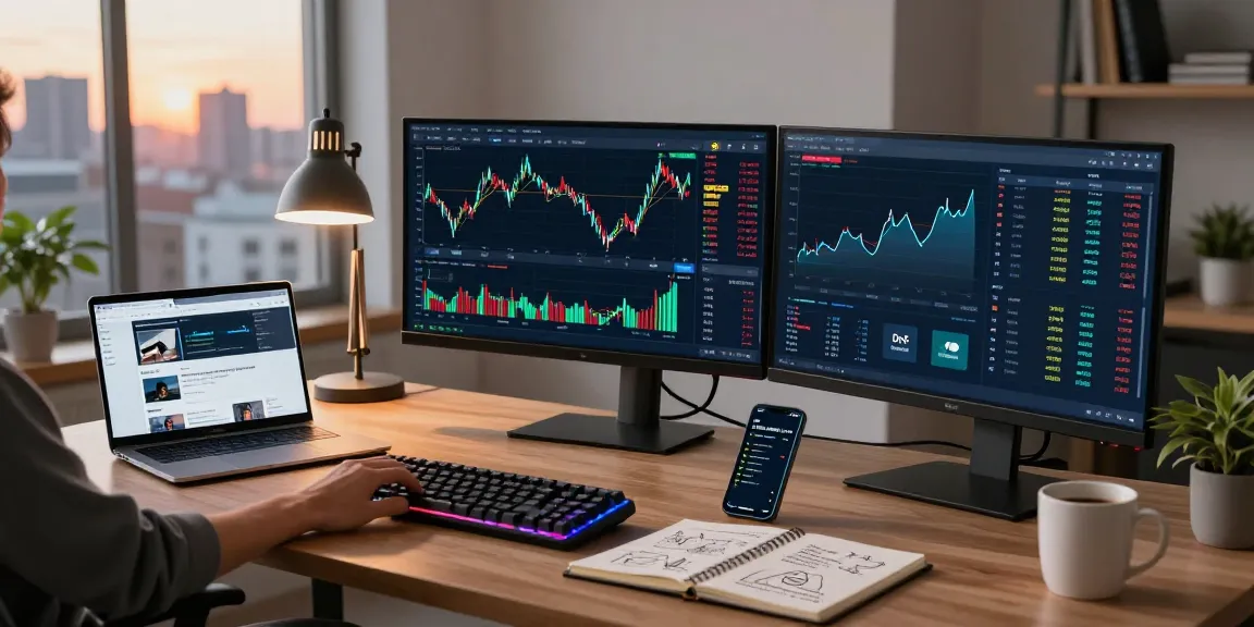 Playexch247 trading workspace featuring Bitcoin and Ethereum charts, digital wallet app, and a modern workspace setup.