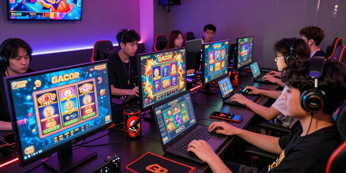 Pengalaman bermain slot gacor di ruang permainan online yang ceria dengan pemain antusias.