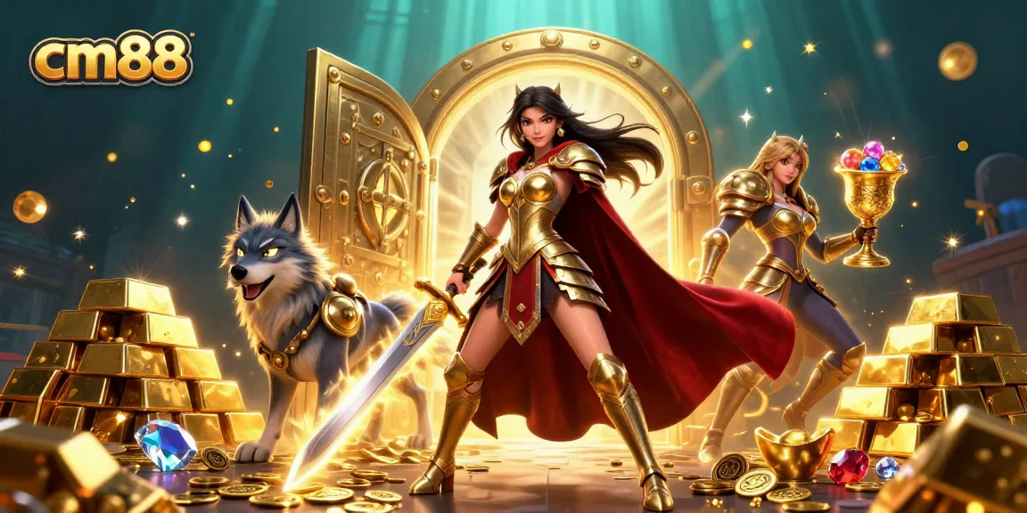 Experience thrilling moments at cm88 with a warrior queen wielding a golden sword amidst treasures.