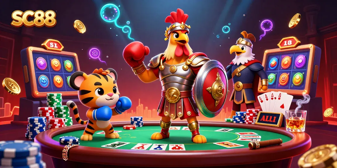Engage in thrilling action at SC88 with a lively 3D casino illustration showcasing a rooster gladiator and captivating game elements.