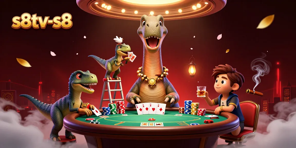 S8TV-S8 showcases a vibrant casino scene with a dinosaur and raptor engaging in poker, capturing the thrill of gambling.