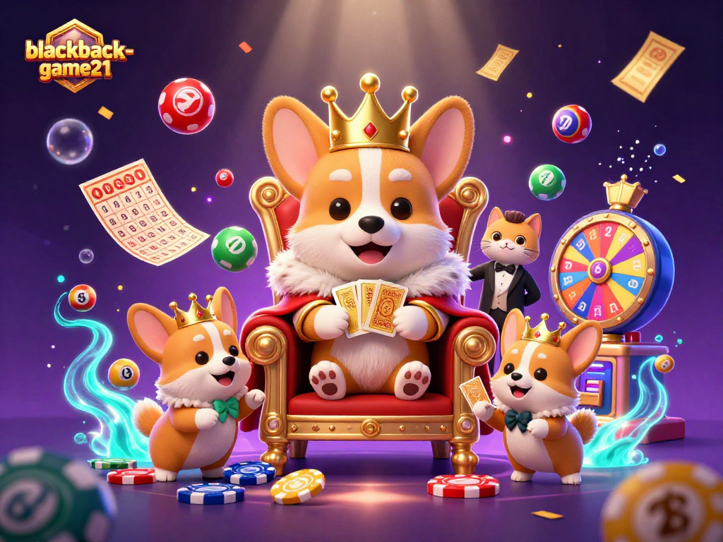 Experience the excitement of blackjack-game21 as playful characters surround vibrant gaming elements in a festive atmosphere.
