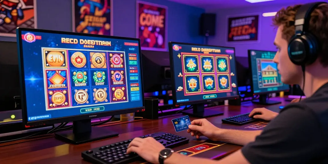 Engaging scene of a player at credit card casinos, vibrant game graphics highlighting various slots and table games.