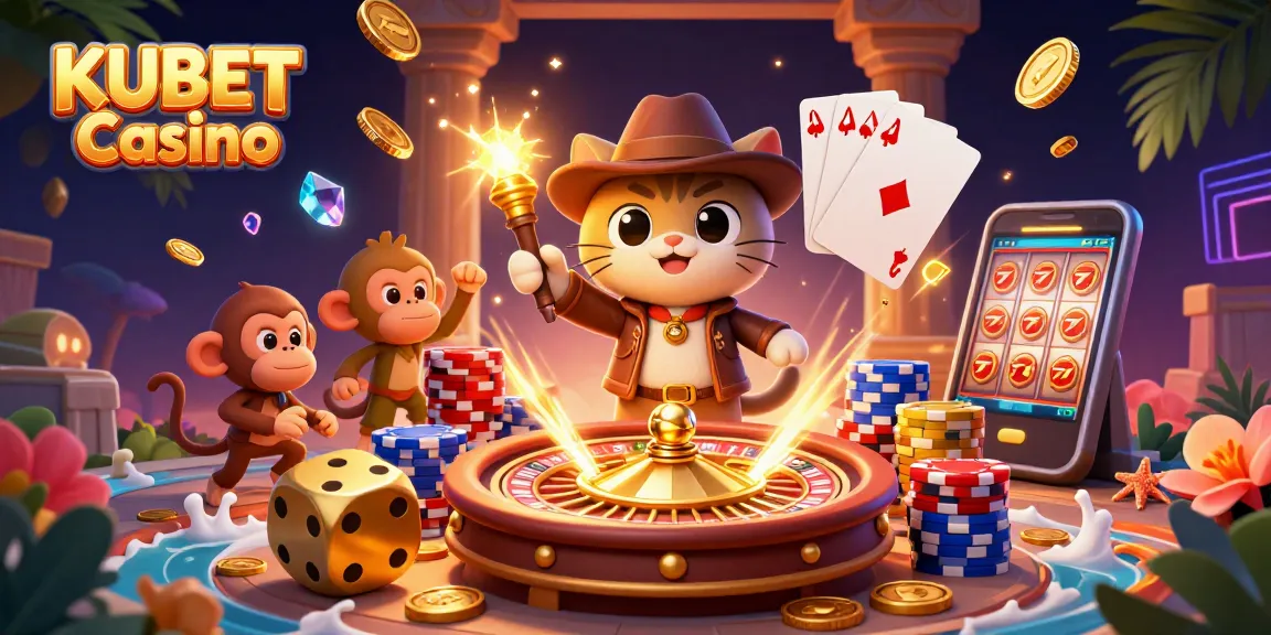 KUBET Casino's vibrant 3D scene showcases an explorer cat and a monkey discovering treasures among vibrant casino elements.