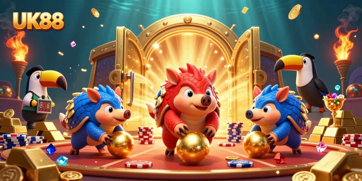 Experience thrilling UK88 gaming action with pangolins bowling through poker chips in vibrant casino scene.