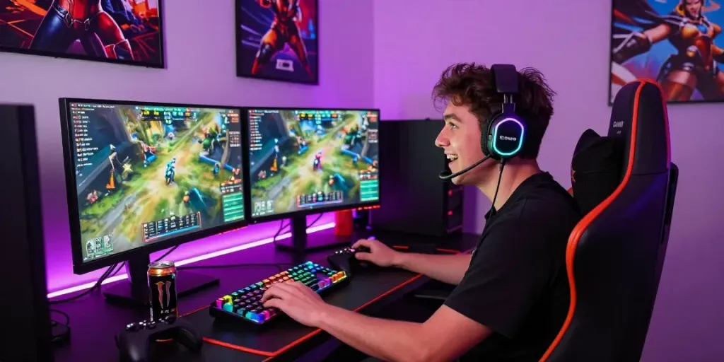 Gamer menggunakan badak168 di studio gaming, dengan layar ganda dan atmosfer yang energik.