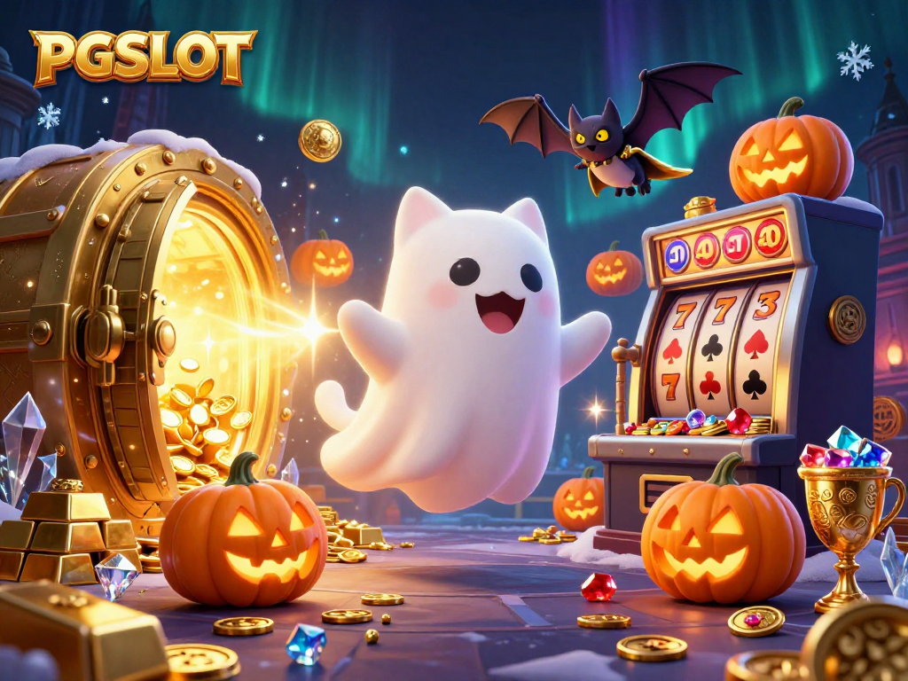 Spin the reels of PGSLOT with a ghost cat and bat in a vibrant haunted casino.