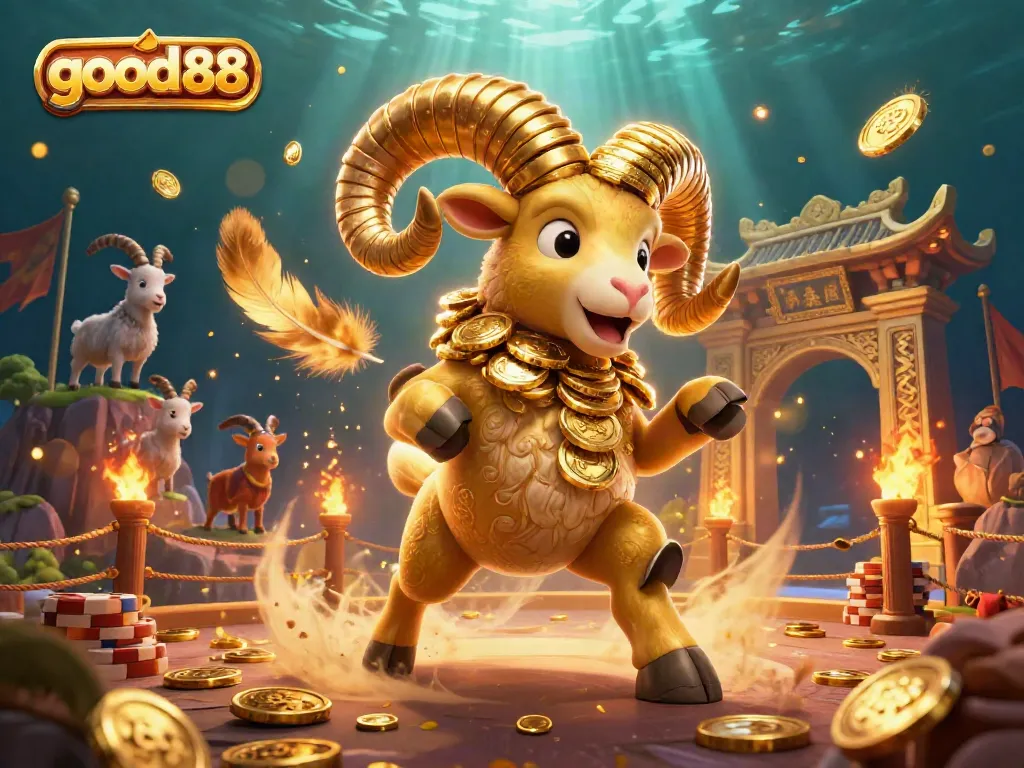 Engage with the vibrant good88 casino scene, featuring a golden ram charging towards the gate amidst swirling casino elements.