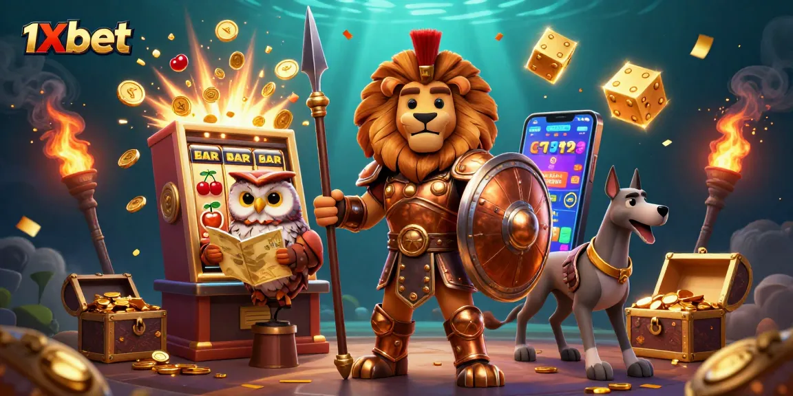 1xbet ile büyük kazanç elde et, 3D slot makineleri ve şans oyunları tema, heyecan dolu görüntü.