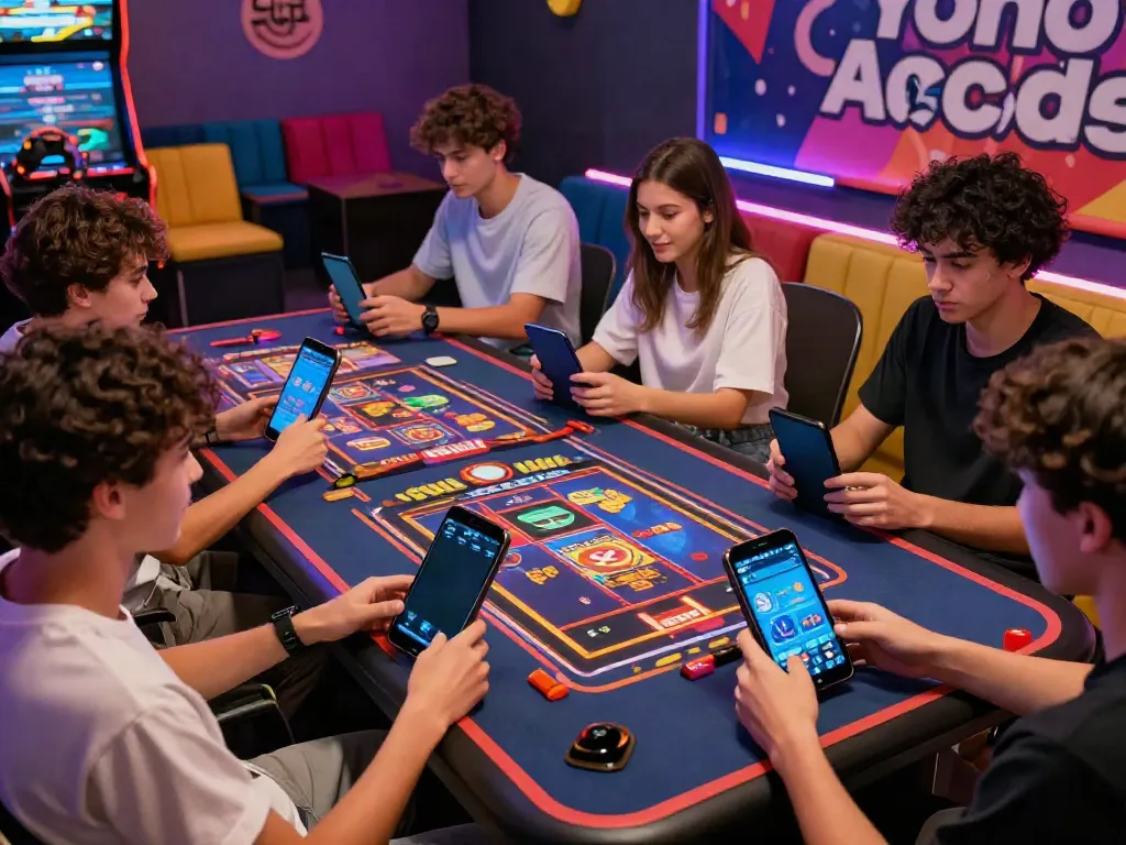 Youth engaged with Yono Arcade app in a vibrant gaming environment.