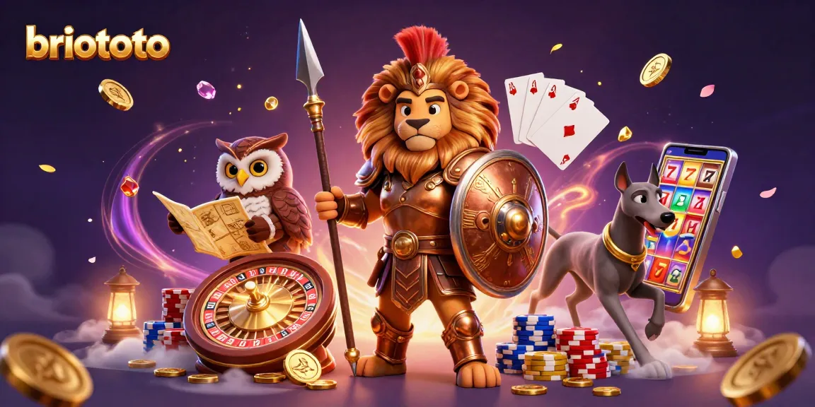 Briototo reveals thrilling gaming experiences with a Spartan lion, tactical owl, and greyhound, amid cascading gold coins.