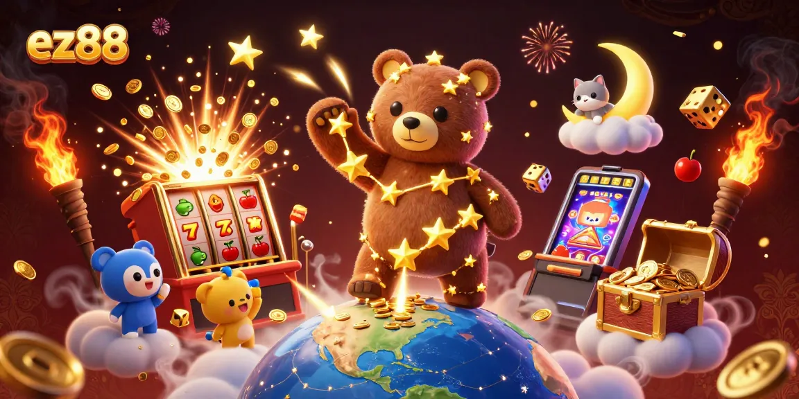 Engage with the vibrant ez88 casino experience through a colorful slot machine and magical characters.