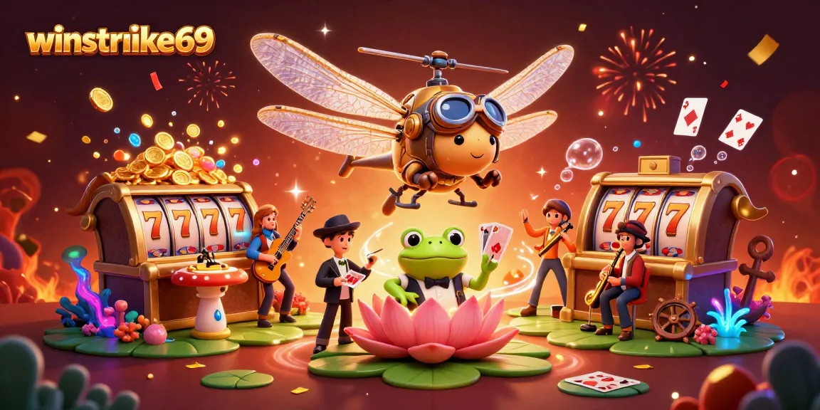 Engage with thrilling games at winstrike69 while enjoying a dreamy casino scene with vibrant characters and elements.