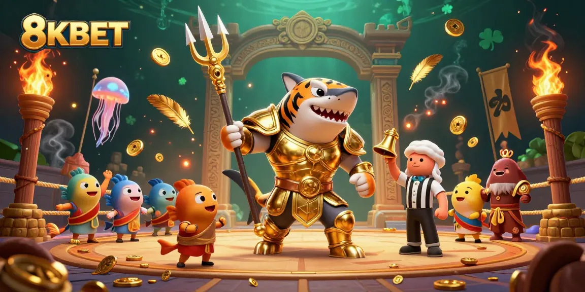 Engage in thrilling gameplay with 8KBET's dynamic underwater casino, featuring a fierce tiger shark in golden armor.