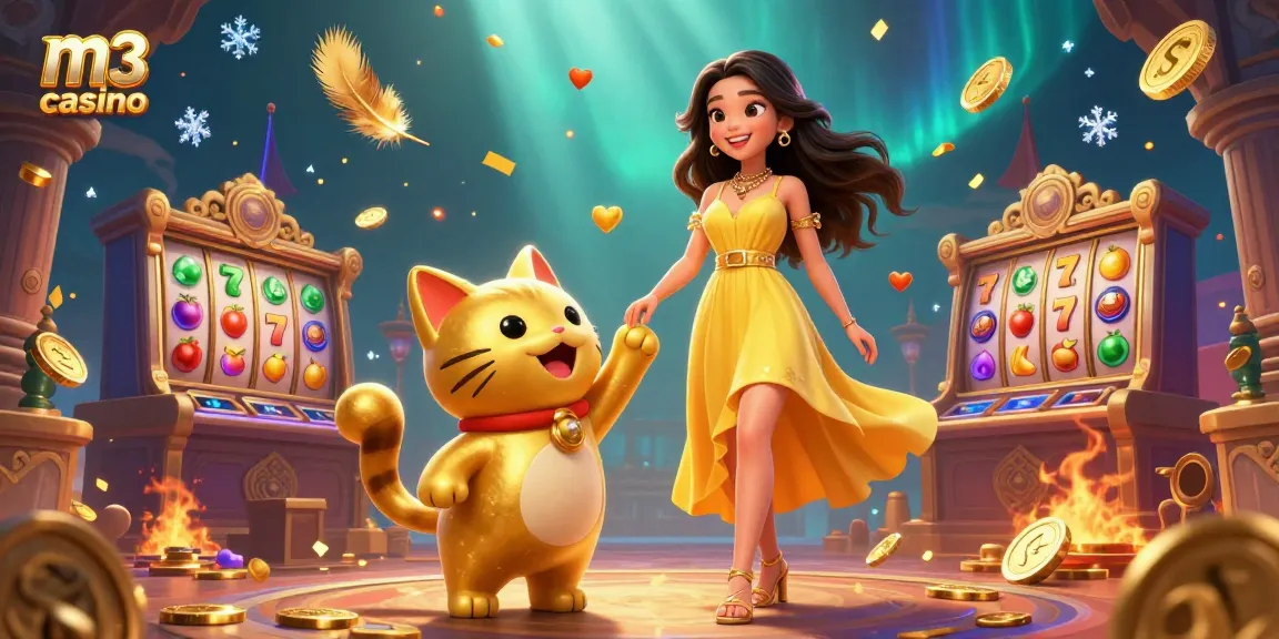 Experience the magic of m3 casino with beautiful characters and vibrant slot elements in a colorful 3D scene.