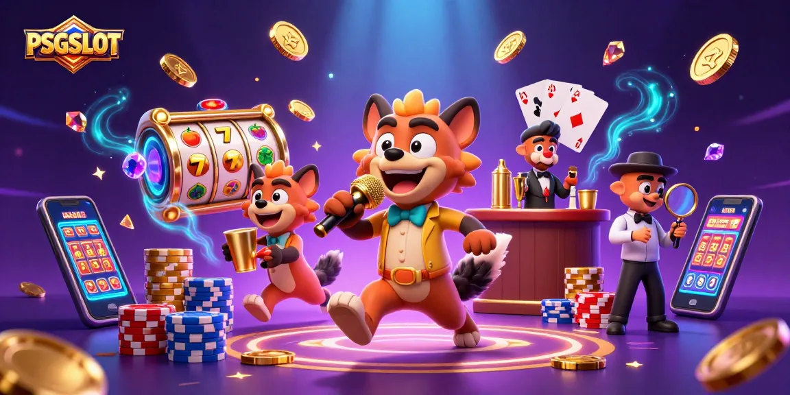 Experience the thrill of PSGSLOT in a dynamic comedy casino scene with hyenas, gold coins, and slot reels.