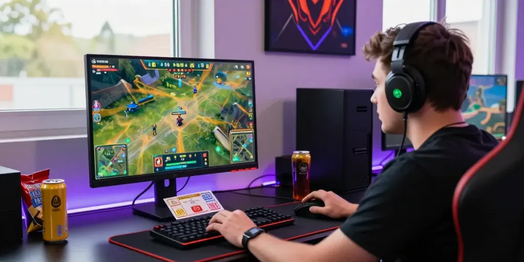 Lotus365 live betting excitement with a player at a modern gaming desk