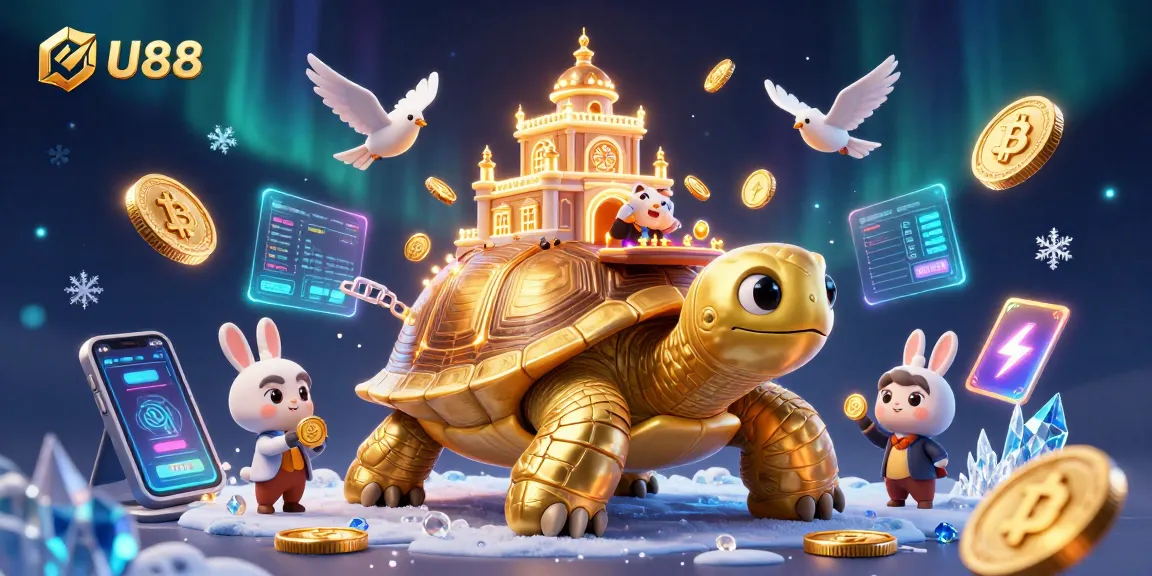 Experience U888’s vibrant casino scene with the golden tortoise, dealer, and crypto elements.