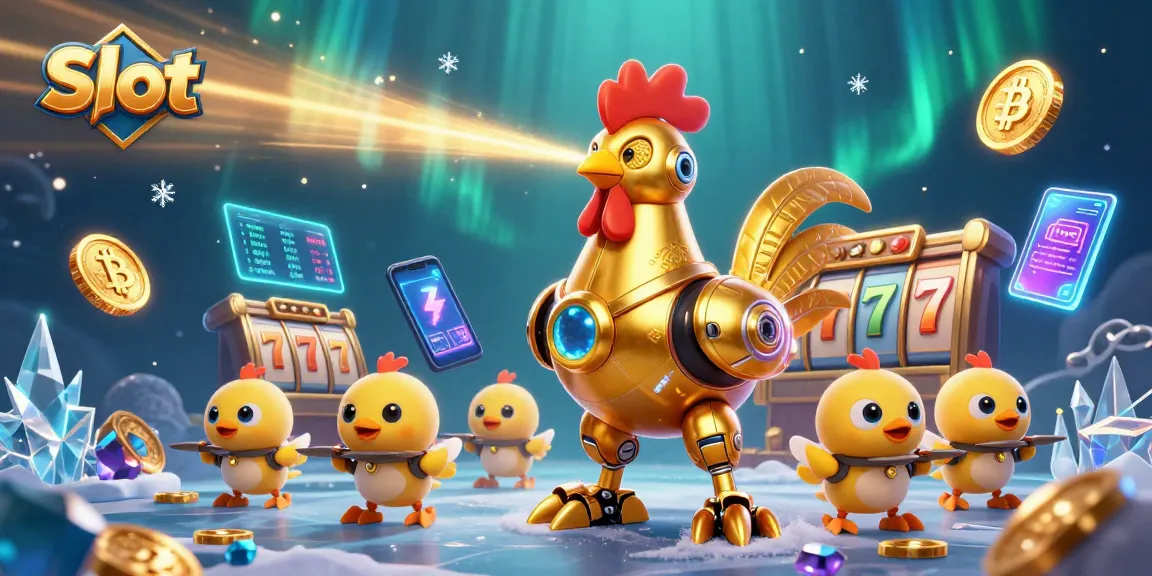 Engage with Slot machines and jackpots featuring a futuristic golden rooster robot in action.